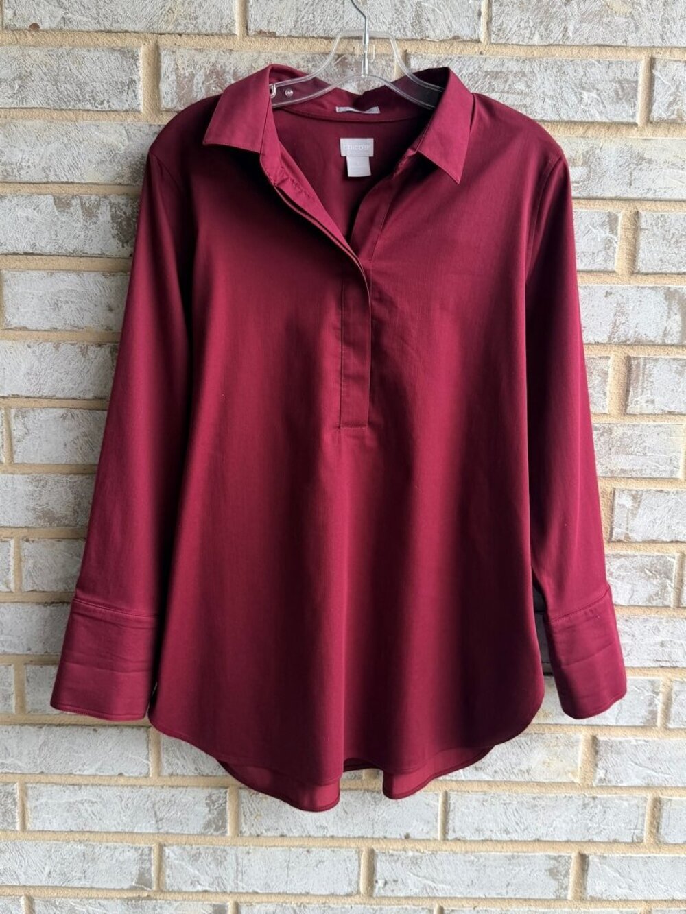 Chico's Long Sleeve Half Button Collared Burgundy Pullover Shirt  Size 1 (8).